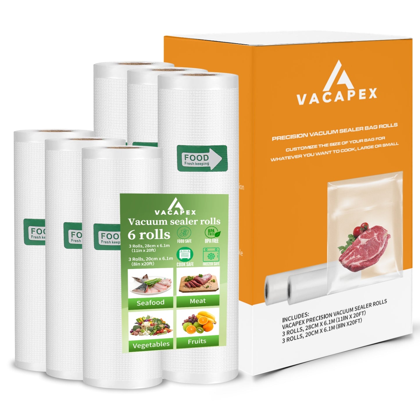Vacuum Sealer Bags Rolls for Food, VACAPEX 6 Rolls for Custom Fit Food Storage, Meal Prep or Sous Vide, 8" x 20' (3 Rolls) and 11"x 20' (3 Rolls) Commercial Grade Vacuum Seal Freezer Bags Rolls