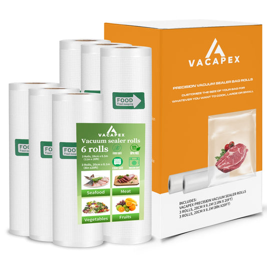 Vacuum Sealer Bags Rolls for Food, VACAPEX 6 Rolls for Custom Fit Food Storage, Meal Prep or Sous Vide, 8" x 20' (3 Rolls) and 11"x 20' (3 Rolls) Commercial Grade Vacuum Seal Freezer Bags Rolls