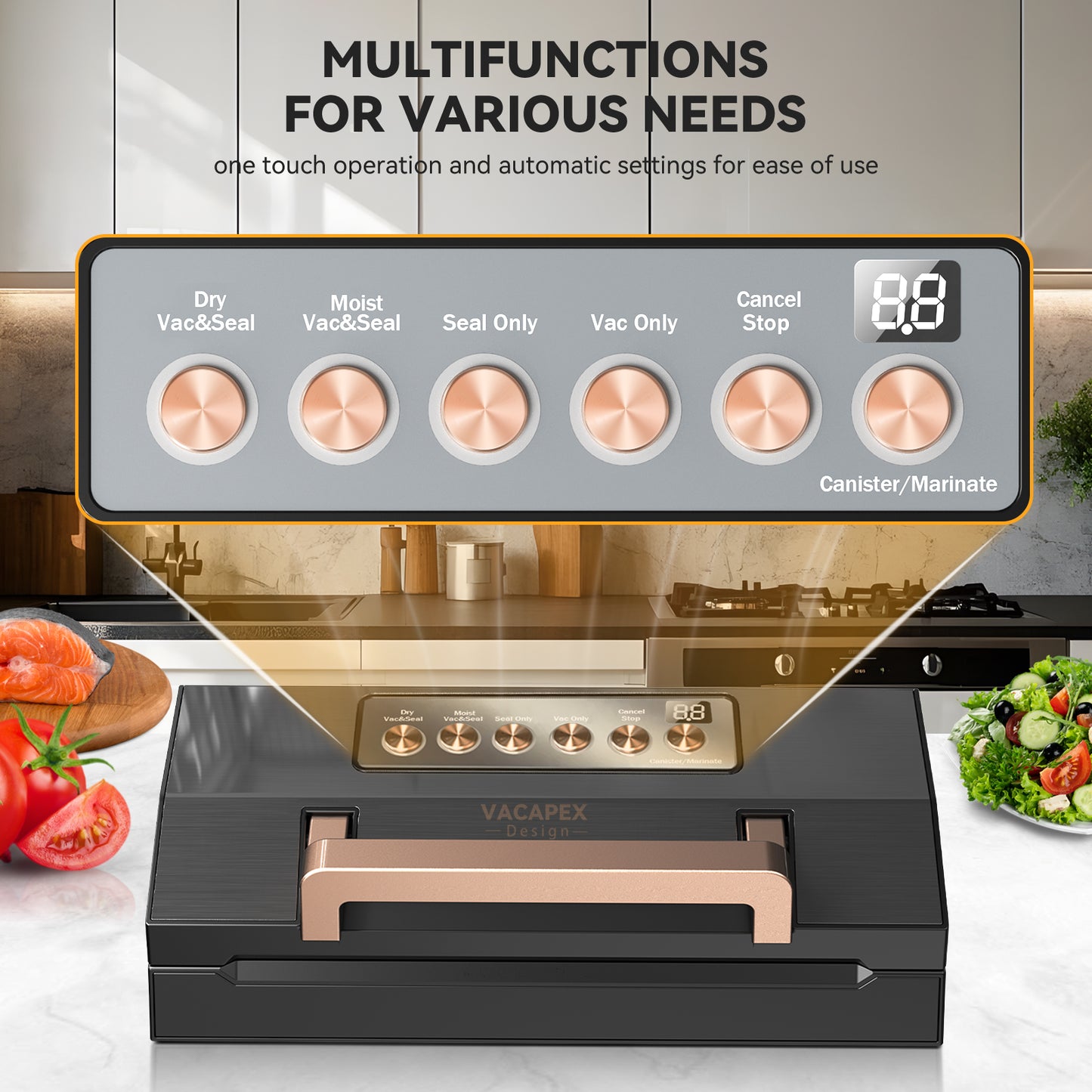 Vacuum Sealer, Stainless Steel Food Vacuum Sealer Machine with Detachable Drip Tray, Built-in Bag Storage and Cutter, Double Heat Seal, Versatile Food Preservation with Liquid/Moist/Dry Food