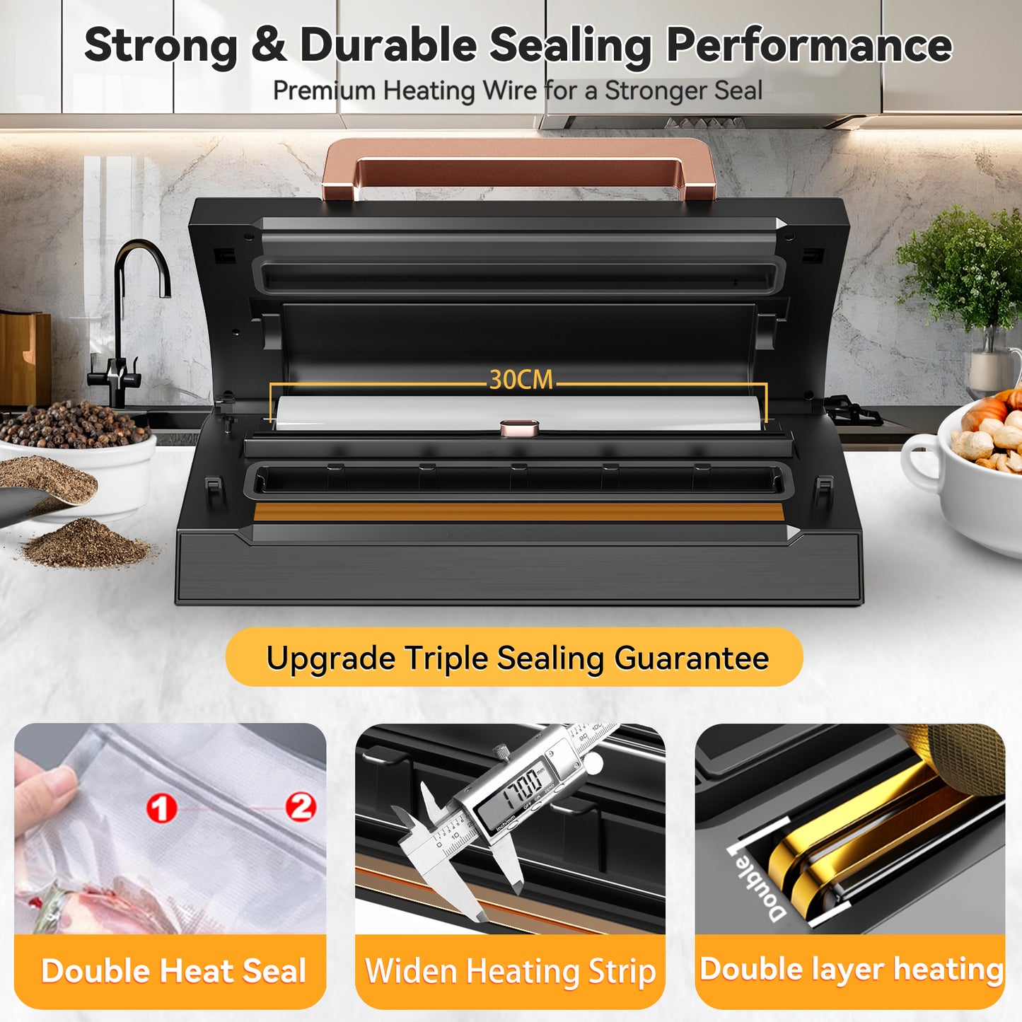 Vacuum Sealer, Stainless Steel Food Vacuum Sealer Machine with Detachable Drip Tray, Built-in Bag Storage and Cutter, Double Heat Seal, Versatile Food Preservation with Liquid/Moist/Dry Food
