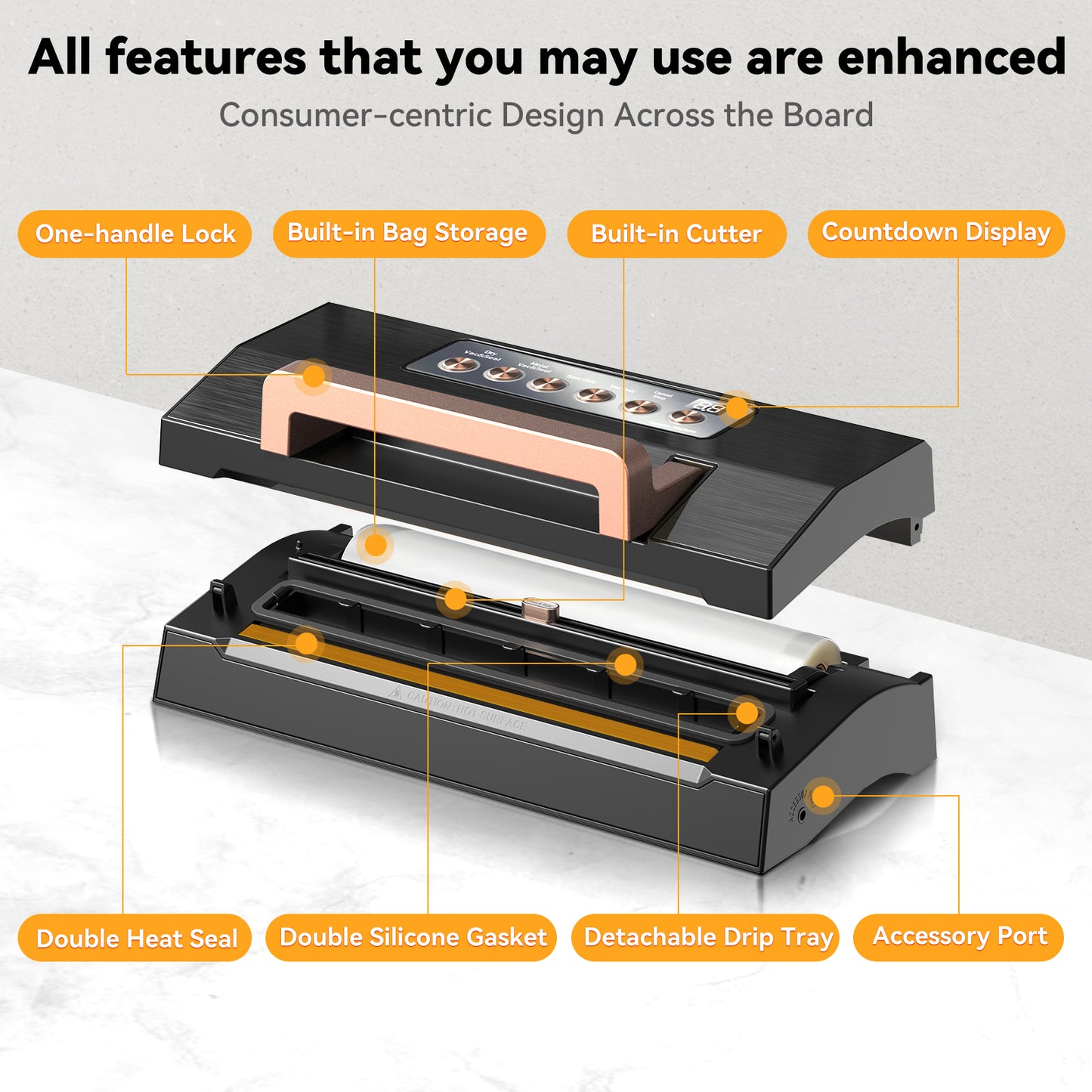 Vacuum Sealer, Stainless Steel Food Vacuum Sealer Machine with Detachable Drip Tray, Built-in Bag Storage and Cutter, Double Heat Seal, Versatile Food Preservation with Liquid/Moist/Dry Food