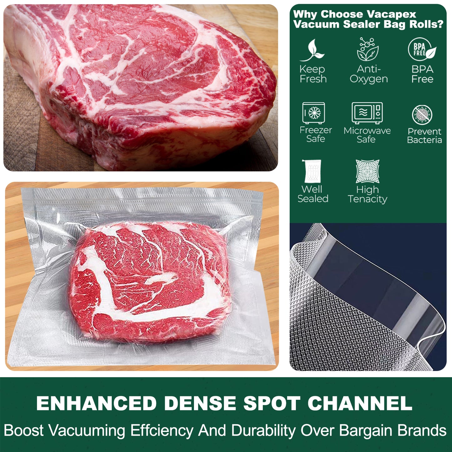 Vacuum Sealer Bags Rolls for Food, VACAPEX 6 Rolls for Custom Fit Food Storage, Meal Prep or Sous Vide, 8" x 20' (3 Rolls) and 11"x 20' (3 Rolls) Commercial Grade Vacuum Seal Freezer Bags Rolls